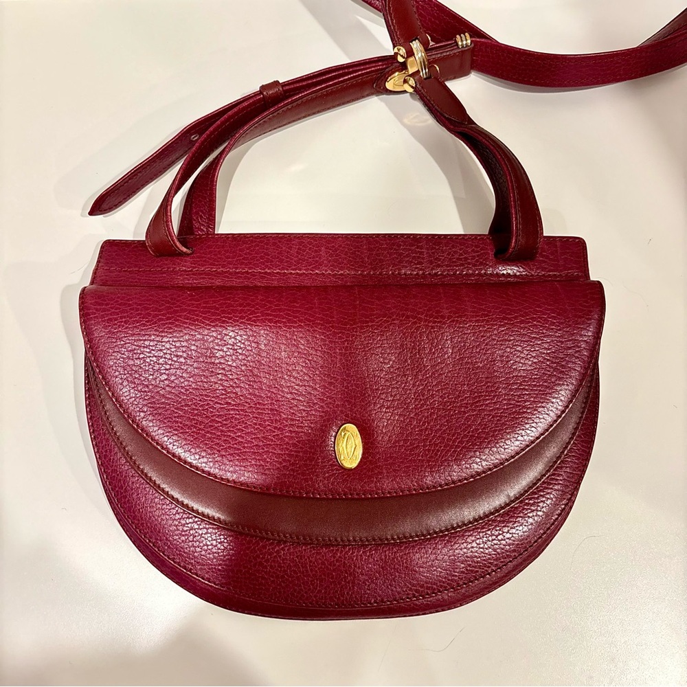 Cartier Vintage Deep Red Crossbody Bag with Gold Accent half moon bag Leathers